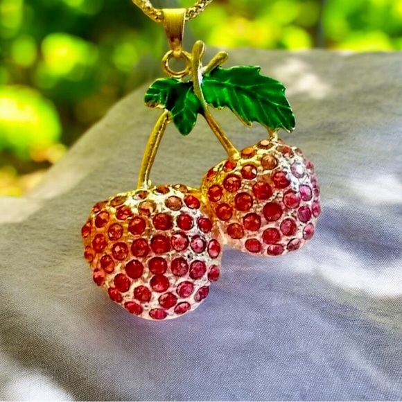Cherries Crystal Red & Green Fruit Pendant Gold Necklace Chain - Picture 2 of 7